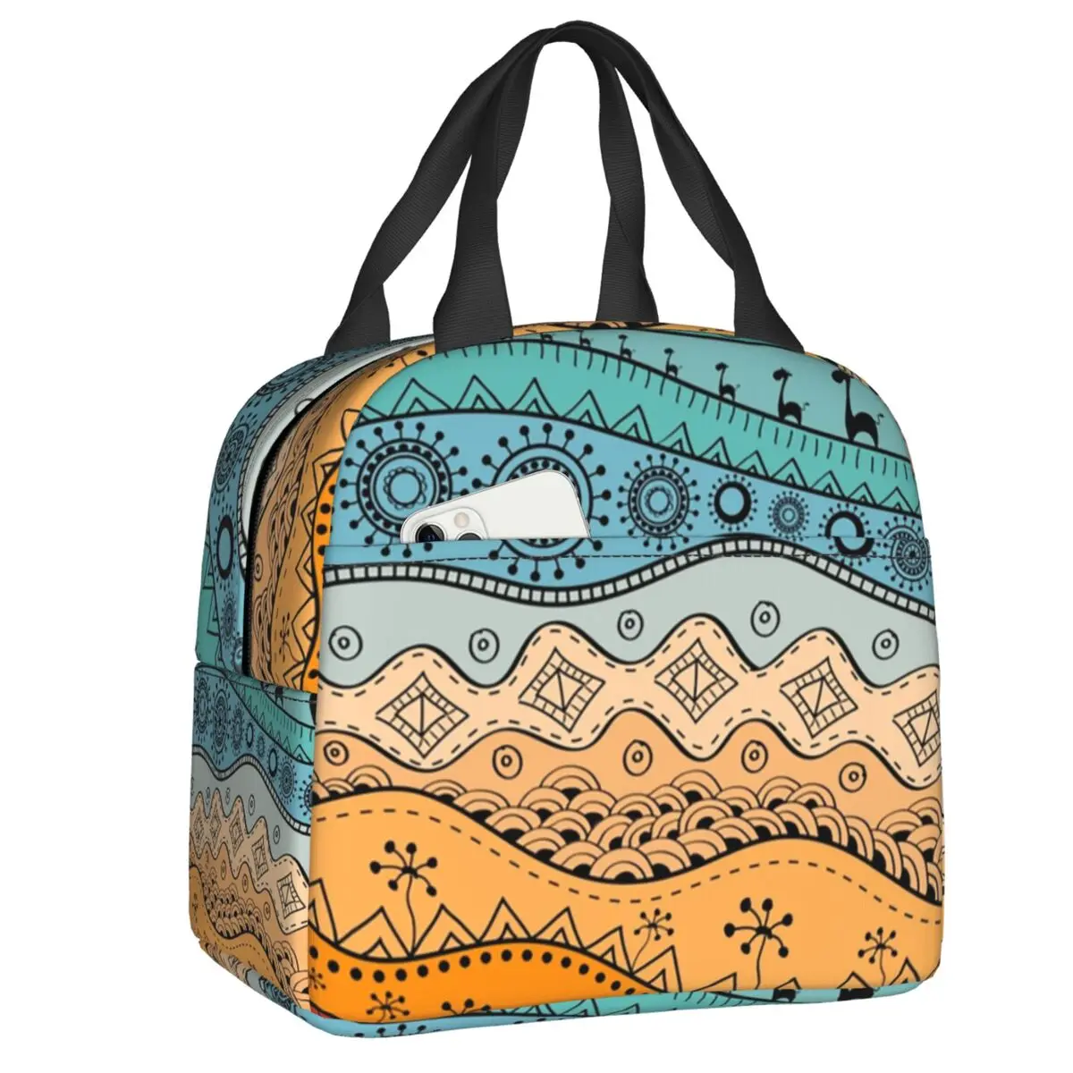Custom African Ankara Wax Print Yellow Throw Pillow Lunch Bag Women Cooler Thermal Insulated Lunch Box for Kids School Children