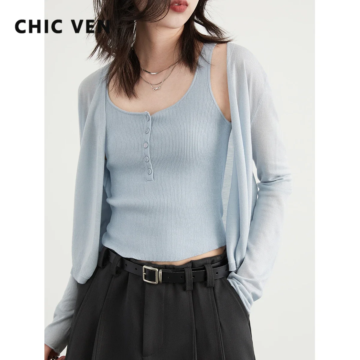 CHIC VEN Women Cardigan Blue Loose New Lyocell Sunscreen Cardigan Coat Slim Fit Female Suspended Tank Girl Top Summer 2024