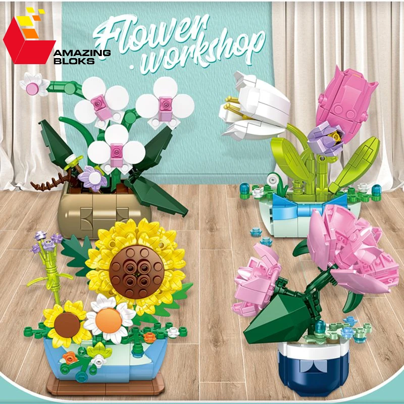 Flower Building Blocks Toys With Dust Cover Sunflower Rose Tulip Perfume Fairy Flower Model Home Ornament Adult Christmas Gifts