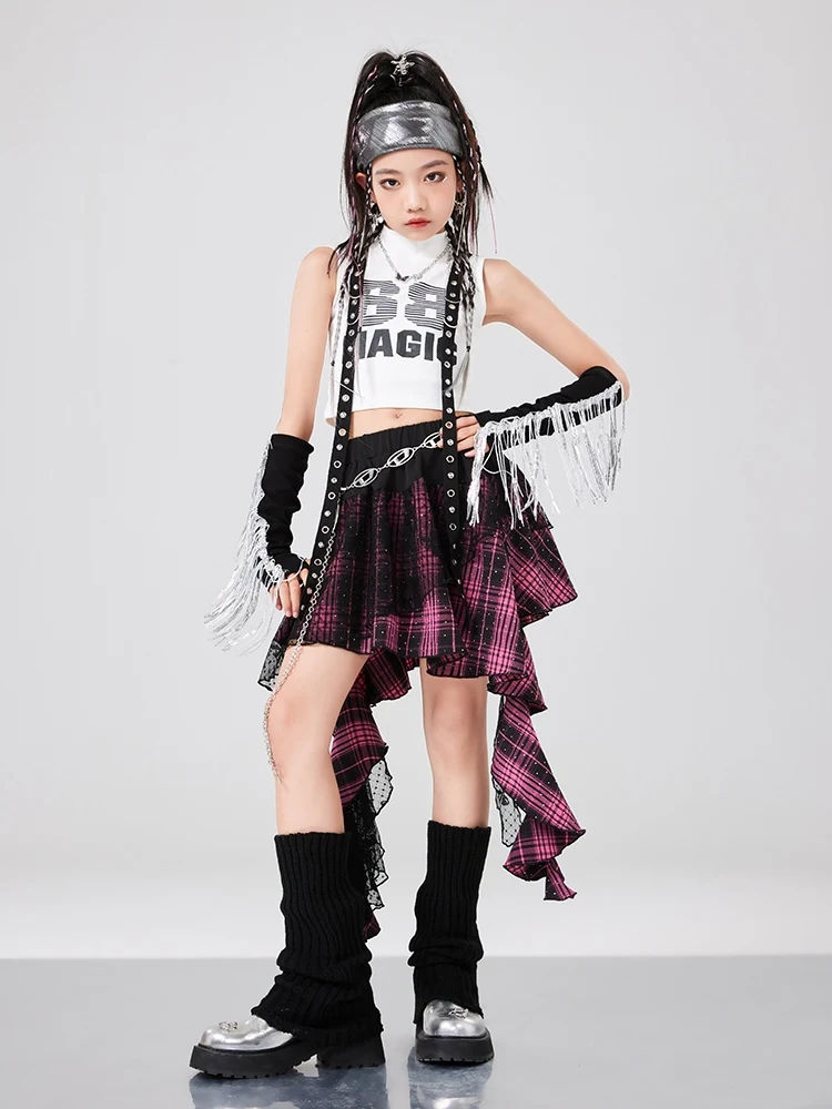 2024 New Hip Hop Dance Costumes For Girls White Vest Plaid Skirt Outfits Children Clothing Modern Jazz Dance Stage Wear DQS16944