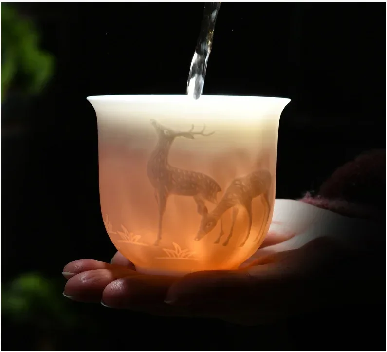 White Jade Embossed Ceramic Dragon and Phoenix Tea Cup Master Kung Fu Tea Set Tea Tasting Cup Household White Porcelain Cup