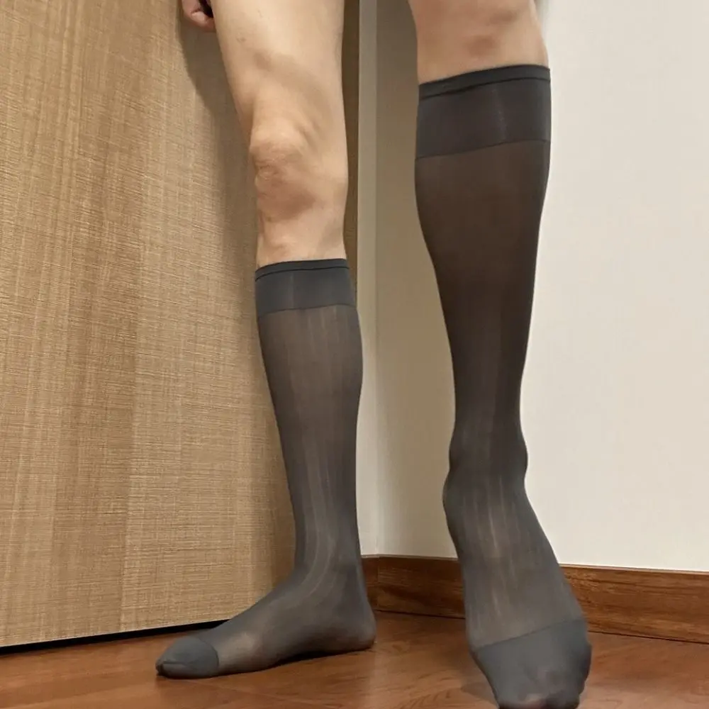 

Sheer Men Thin Dress Tube Socks Middle Tube Translucent Solid Color Business Stockings Thin Hosiery Wide Striped Silk Socks Male