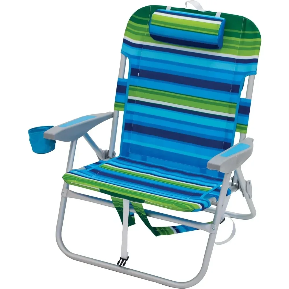 

ez Folding 13 Inch High Seat Backpack Beach or Camping Chair, Aluminum, Green/Blue Stripe