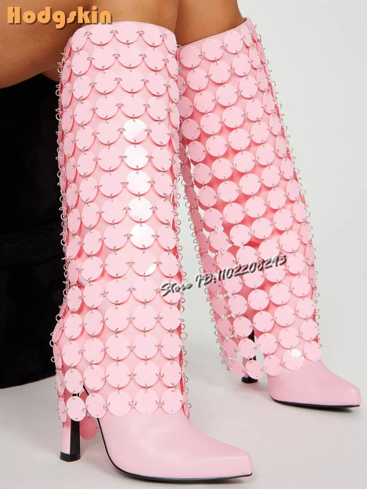 

Bling Sequin Knee-high Boots Pointed Toe Side Zipper Stiletto Short Boots 2025 Autumn New Fashion Catwalk Women High Heels Shoes