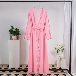 Muslim Open Front Abaya Women Long Sleeve Maxi Length Dresser With Belt Women's Clothing Outwear Kaftans Women Jilbabs