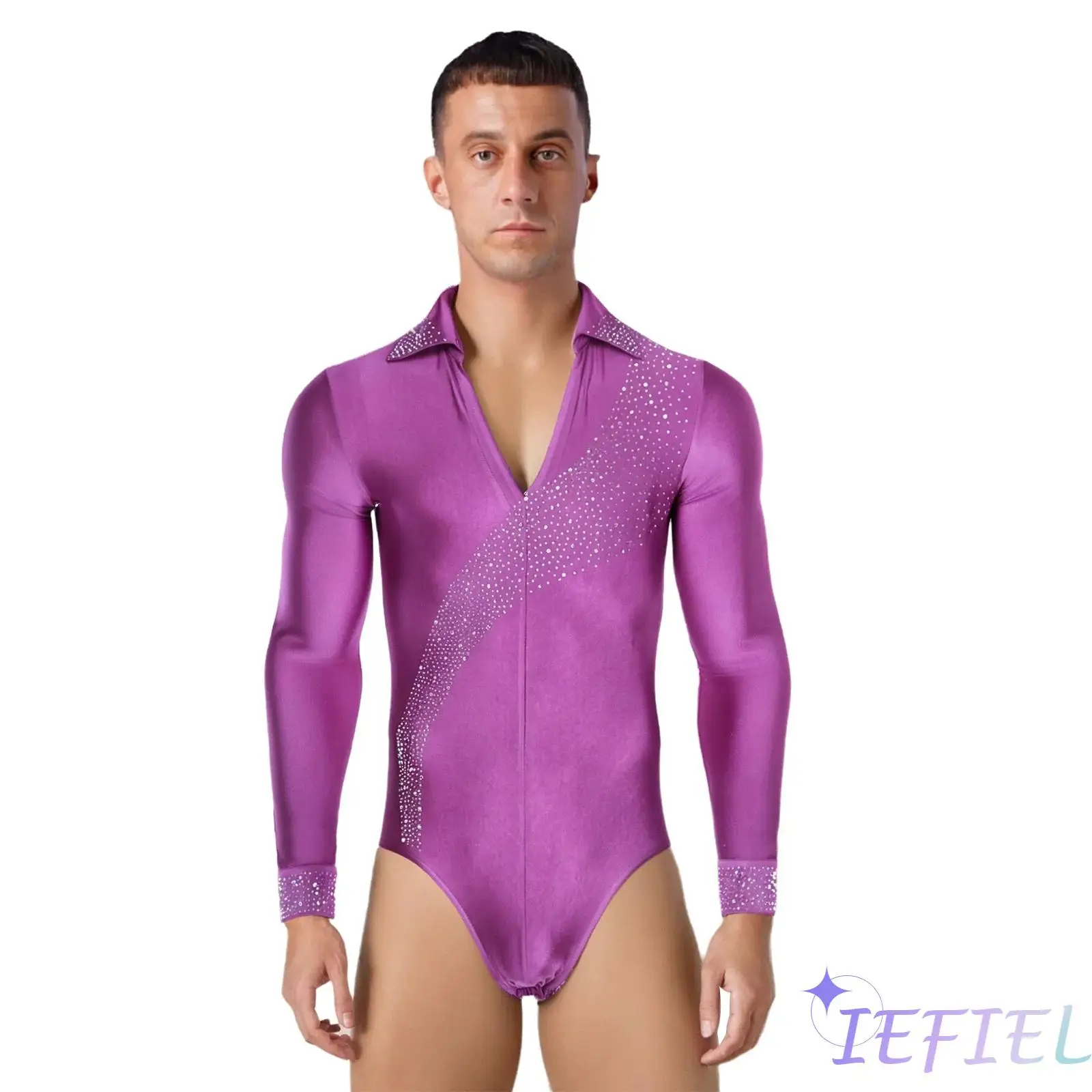 

Men Latin Dance Jumpsuit Shiny Rhinestones V Neck Long Sleeve Dance Bodysuit Modern Latin Dancewear for Stage Dance Competitions