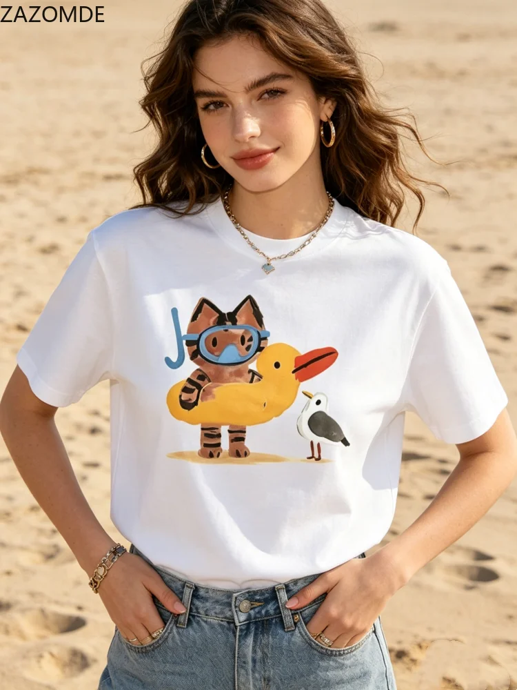 ZAZOMDE  Beach Cat Duck Float Print Oversized Tshirt Unisex Y2K Street Style Soft Cotton Short Sleeve Tee Daily Casual Wear