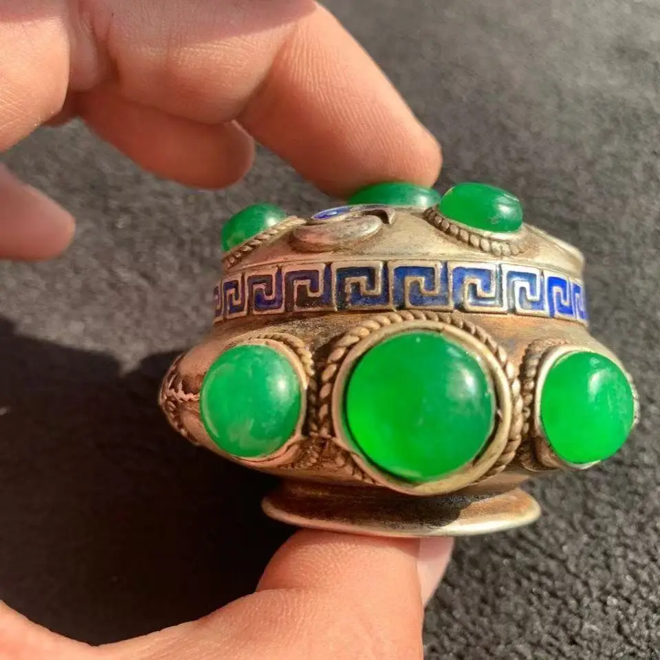 

Antique Collectible: Vintage Silver-Inlaid Ice Green Pure Silver Incense Burner with Old Patina Ornamental Display Piece