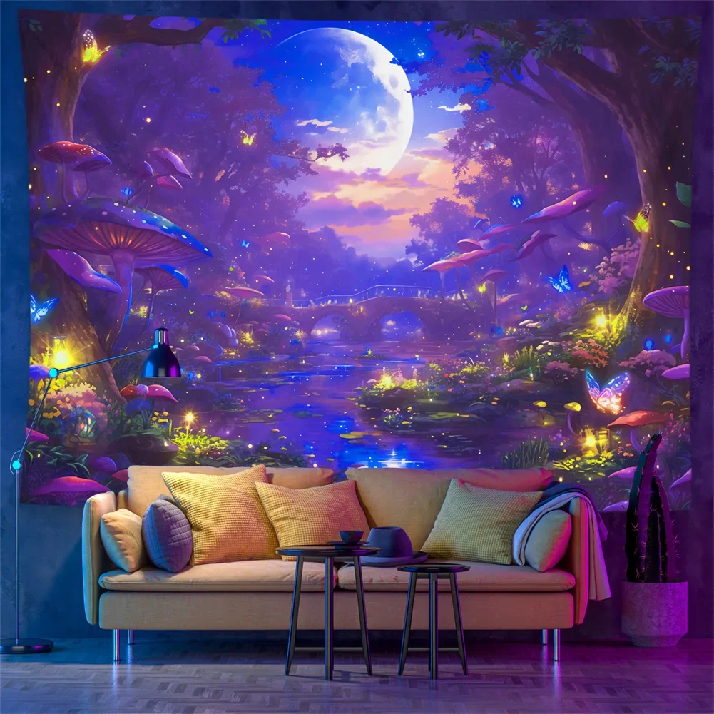 VIKAMA Blacklight Mushroom Forest Moon Butterfly Tapestry UV Reactive Neon Wall Hanging Trippy Room Decor
