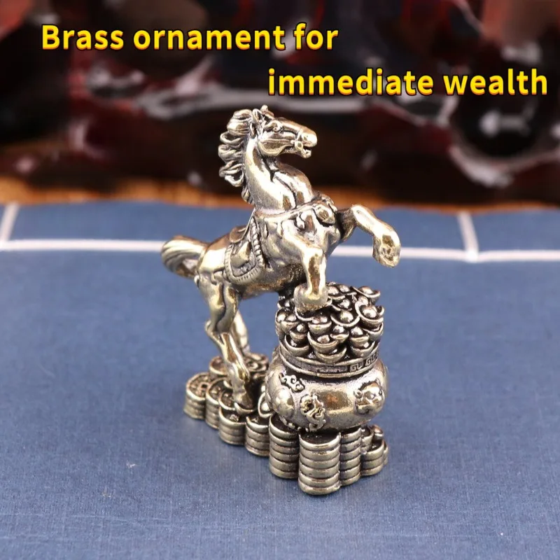 Pure Brass Horse Stepping on a Treasure Basin, Quickly Brings Wealth, Vintage Home Decoration, Office Desktop Tea Pet Craft Orna