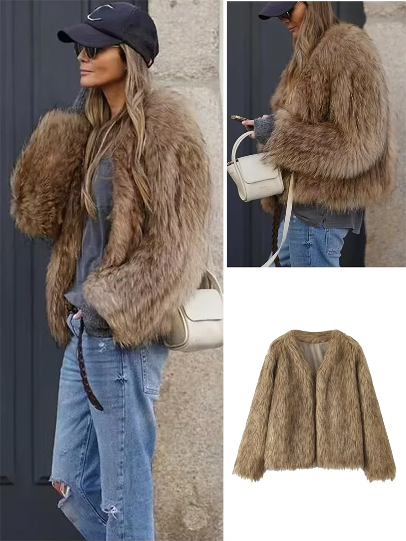 

Casual Long Sve V-Ne Women's Faux Fur Jaet Winter New Sle Plu Open Cardigan Eco-Friendly Soft Warm Leather Coat