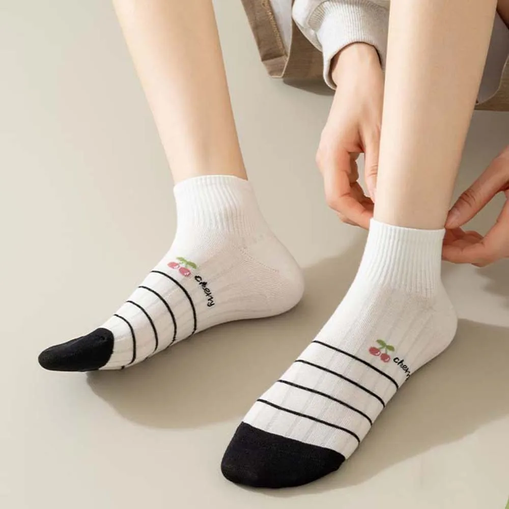 Female Hosiery Cherry Cotton Short Socks Cherry Print Sweat Absorption Cotton Ankle Socks Thin Lolita Cotton Boat Socks