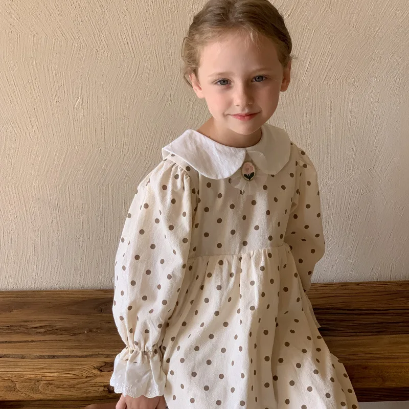

Girls' Dress Spring New Children's Polka Dot Turn-Down Collar Lace Puff Sleeve Princess Dress Stylish