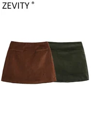 Zevity 2024 Women Fashion Solid Color Corduroy Mini Skirt Faldas Mujer Female Casual Slim Side Zipper A Line Vestidos QUN7153