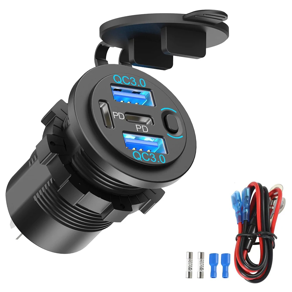 78W Multiport-Autoladegerät mit Dual PD 30W USB-C & Dual QC3.0 Anschluss, 12V USB-Steckdose mit Netzschalter für Auto, Marine, Wohnmobil, ATV