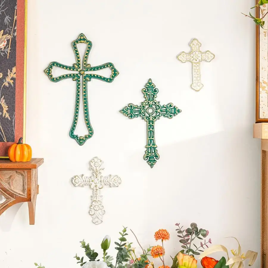 

4PC Heavy amp Sturdy Embossed Cast Iron Cross Decor for Wall, Beautiful Vintage Decorative Hanging Crosses Wall Decor, Distresse