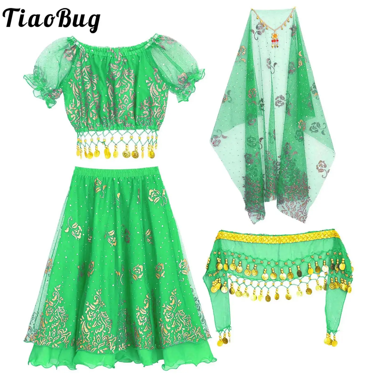 

Girls Belly Dance Costume Outfit Cosplay Costume Bellydance Set Short Sleeve Crop Top with Skirt Waist Chain Headscarf Headwear