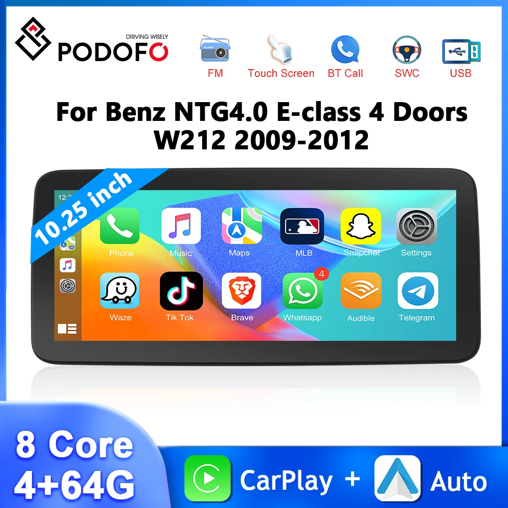 Podofo Android 10.25'' Car Stereo For Mercedes-Benz E Class/W212 2013-2015 8 Core 4+64G WIFI GPS Carplay Android Auto Car Audio