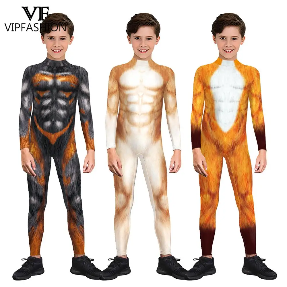 VIP FASHION Child Husky Wolf Costume Halloween Animal Cosplay Jumpsuits Kids Zentai Bodysuit Carnival Party Rompers Outfits