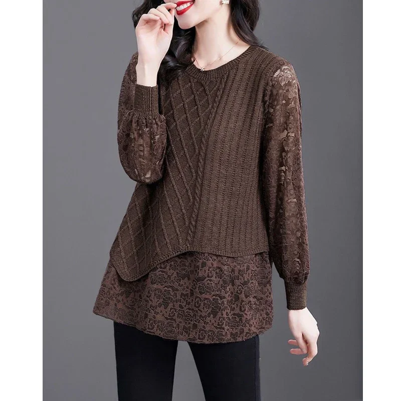 Lace Patchwork Elegant Knitted Sweater Autumn Winter Fashion Asymmetrical Chic Long Sleeve Knitwear Solid Loose Pullovers ZL571