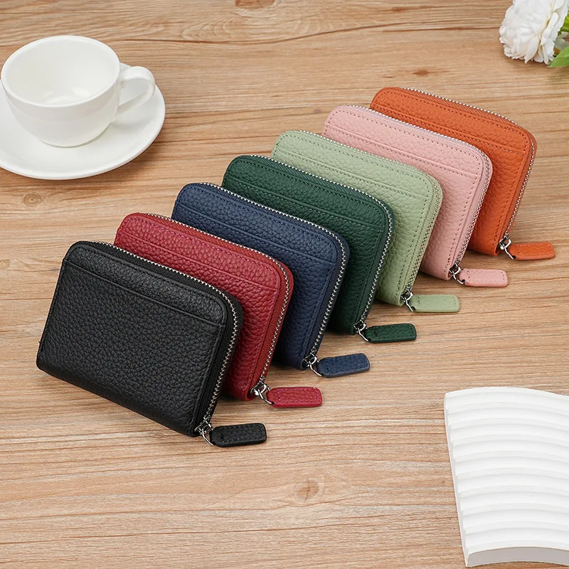 Japanese Style Genuine Leather Organizer Card Case Holder Mini Short Wallet RFID Cowhide Women's Coin Purse with Multi Card slot