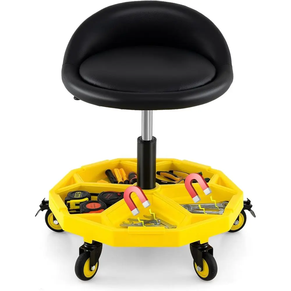 

Adjustable 20-25 Height Mechanic Stool with Magnetic Tool Tray, Padded Seat, Lockable Wheels, 350lbs Capacity