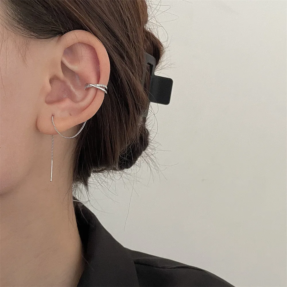 Trendy Personality Long Tassels Micro-inlay Zircon Ear Wire C-shaped Clip Earrings Women's Stainless Steel Fake Piercing Jewelry