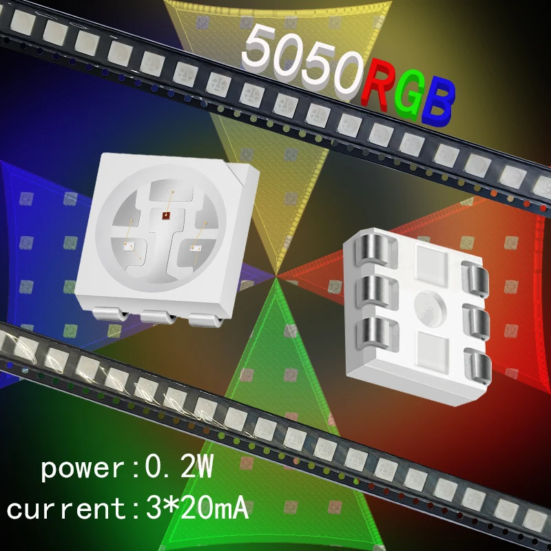 100PCS 5050RGB SMD LED beads, Red, green, and blue in one , normal brightness, high brightness, power: 0.2W, current: 20mA.