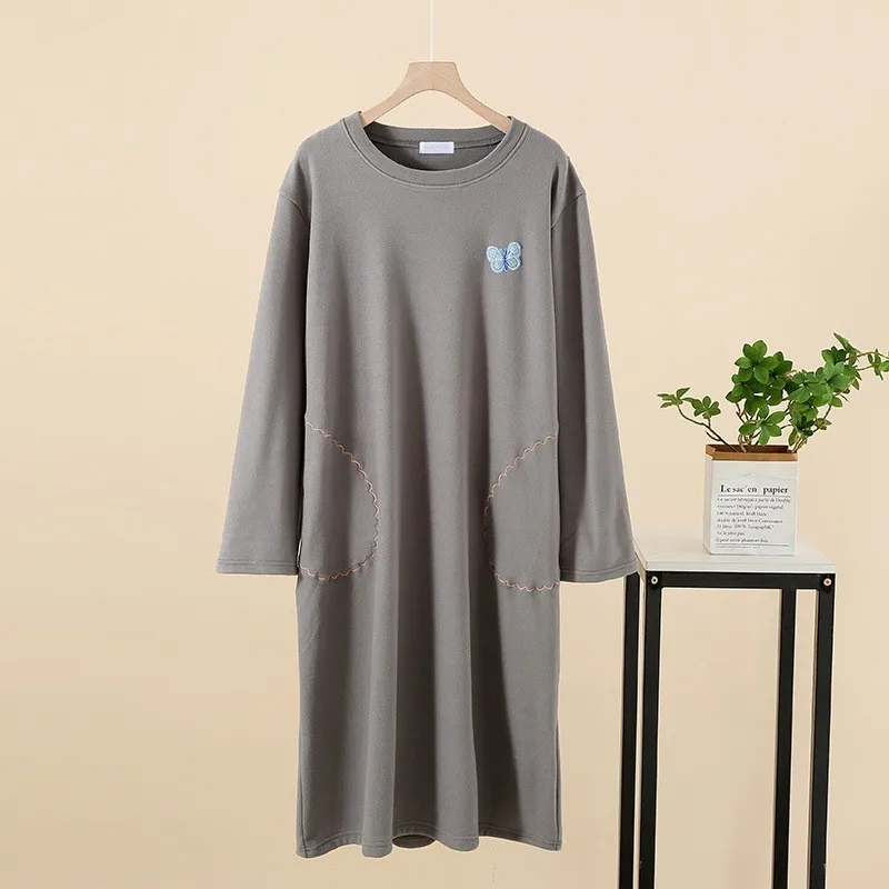 Autumn Winter Women Casual Loose Nightdress Ladies Warm Velvet Nightgown Female Long Sleeve Sleepwear Dress With Pocket Vestido