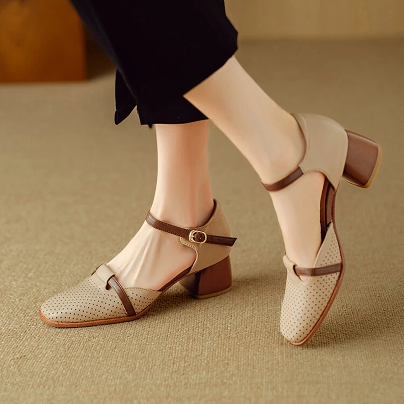 NEW Summer Women Sandals Split Leather Shoes for Women Square Toe Chunky Heel Shoes Plus Size Cover Toe Slingback Hollow Sandals