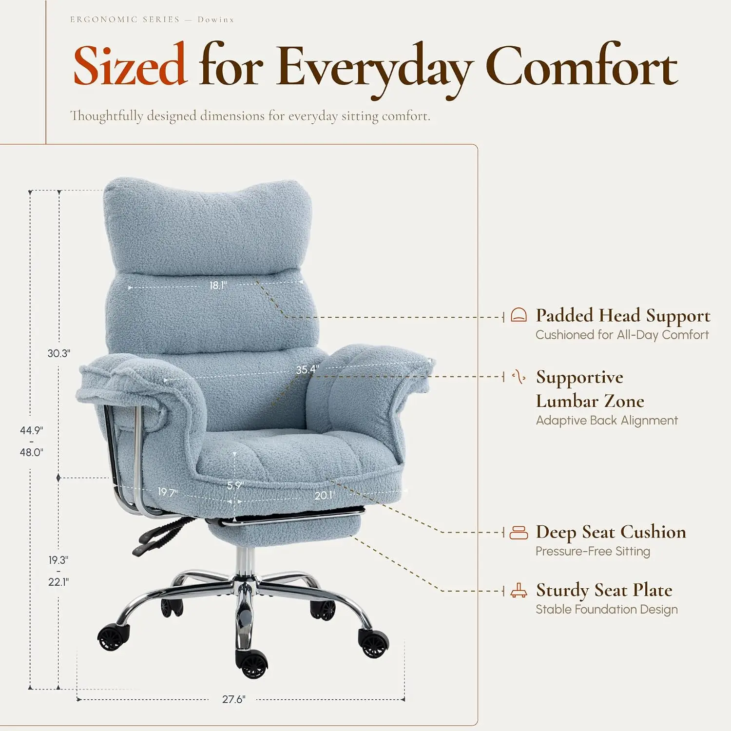 Ergonomic Office Chair With Thick Cushion, Wide Seat & Armrests, High Back Reclining Fleece Chair With Foot Rest, Customized