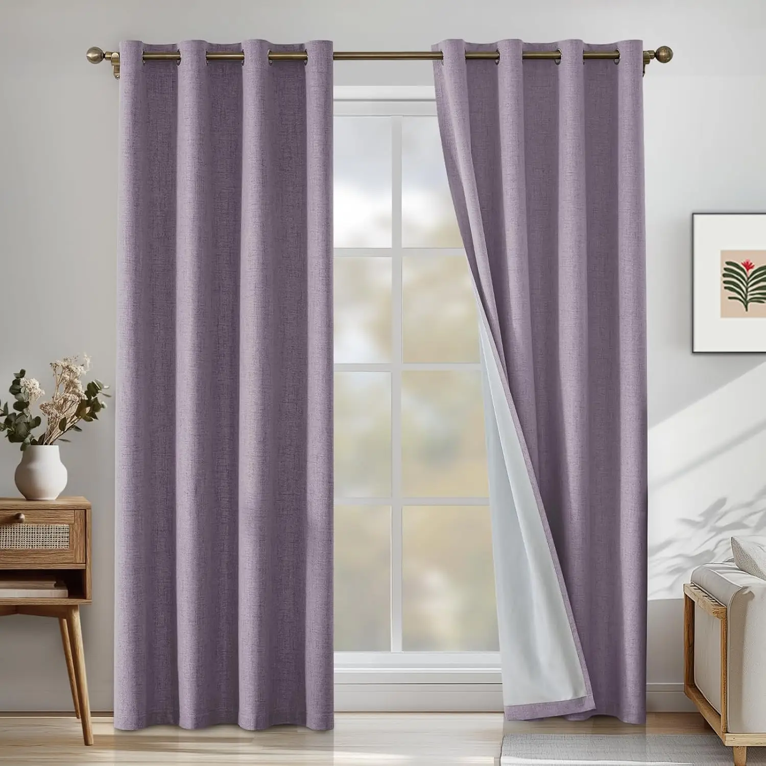 

100% льняные светонепроницаемые шторы для спальни и гостиной, 108 дюймов, удлиненные, термоизоляционные, с люверсами (2 панели, фиолетовые)
