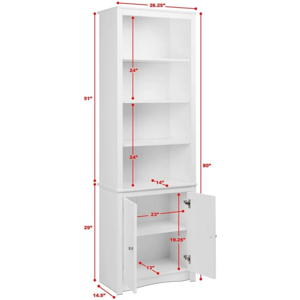 Estante alta de 6 camadas de 80 "H com portas e 2 prateleiras ajustáveis, armário de armazenamento branco, armário de exibição moderno, estante