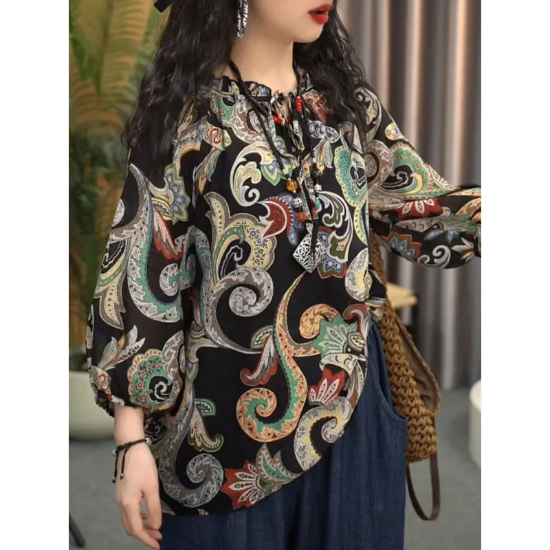 Spring Autumn New Women's Pullovers Spliced Ruffles Crew Neck Tie Up with Printed Vintage Folk Loose Long Sleeve Chiffon Tops