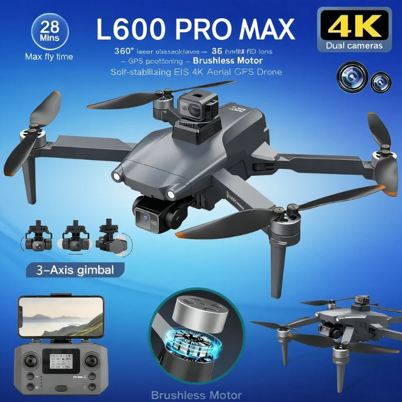 

2025 L600 PRO MAX GPS Drone: 5KM Flight, 4K Dual Cam 3-Axis Gimbal, 360 Obstacle Avoidance, Brushless Quadcopter