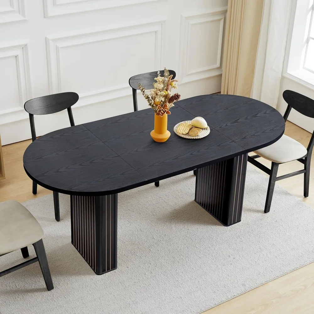 70.8 Inch Kitchen Dining Table for 4-6 People, Oval Kitchen Table with Wood Strip Base, Modern Farmhouse Large Round Dining Room