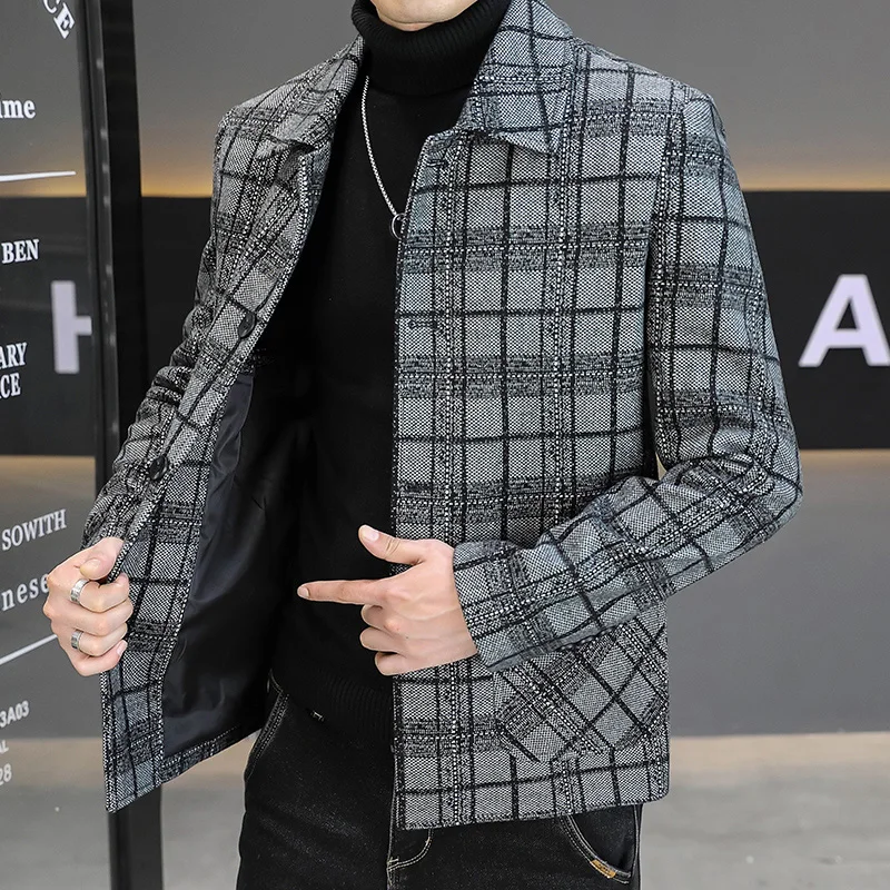 

ort Men's Woolen Coat Trendy Korean Sle Spring Autumn New Sle Light Maturi Wind Coat Youthful Che Pattern Single Bu...