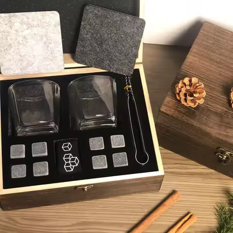 Christmas Valentine's Whiskey Gift for Men Father's Present Whiskey Stones Glasses Set Whisky Wooden Box with Granite Ice Cube