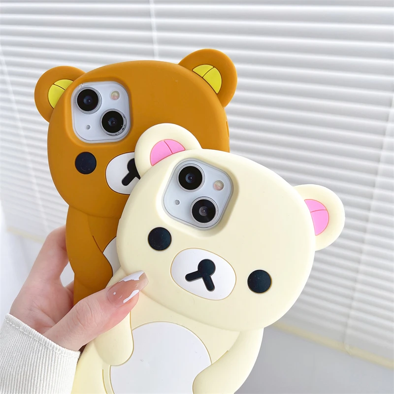 3D Cartoon Rilakkuma Bear Phone Case for iPhone 16 promax 15 14 13 12 11 Pro Max Xs XR 6 7 8 Plus SE 5 5s 4s Soft Silicone Cover