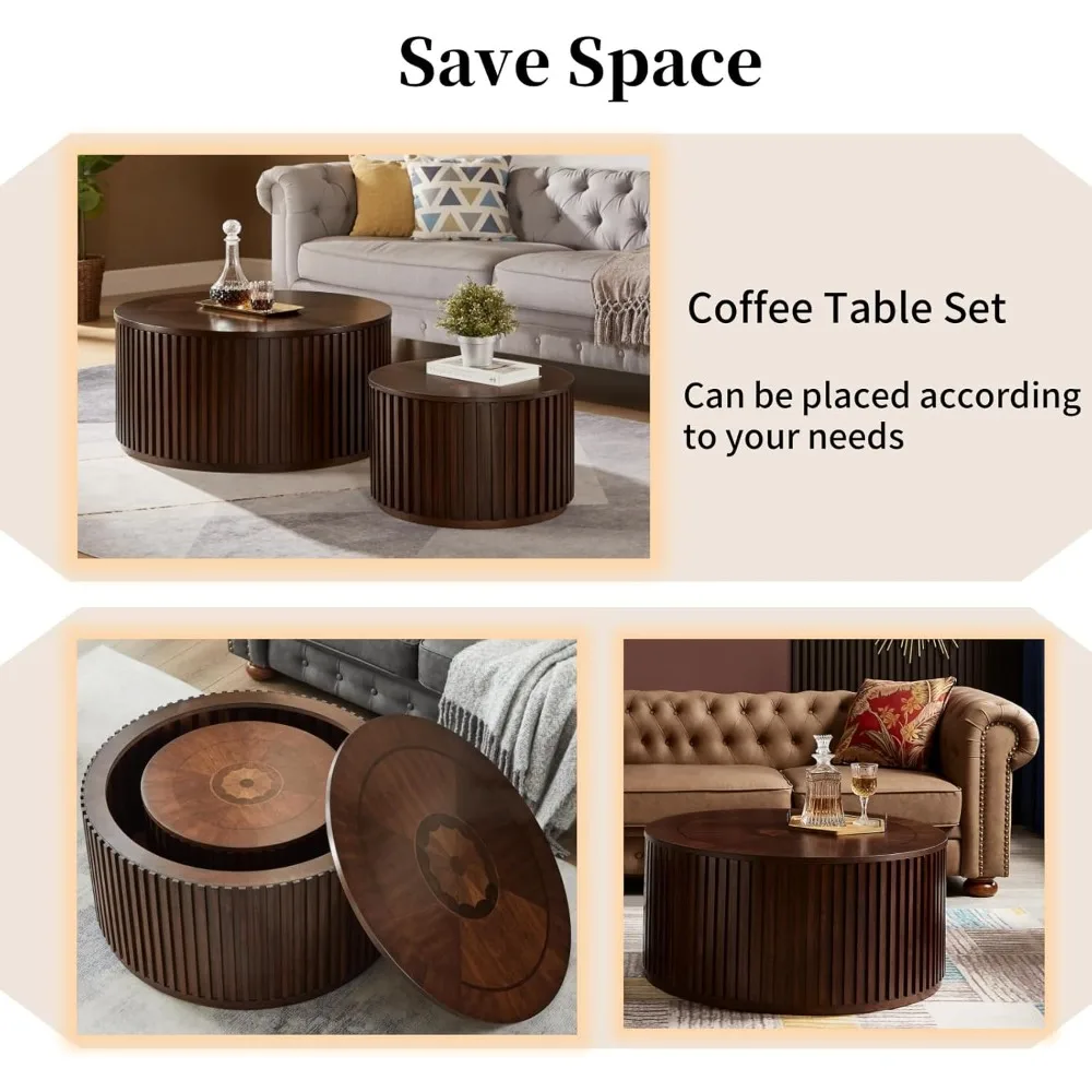 Round Coffee Table Set, Nesting Coffee Tables with Removable Lid, Mid Century Modern Wooden End Table with Large Storage Sp