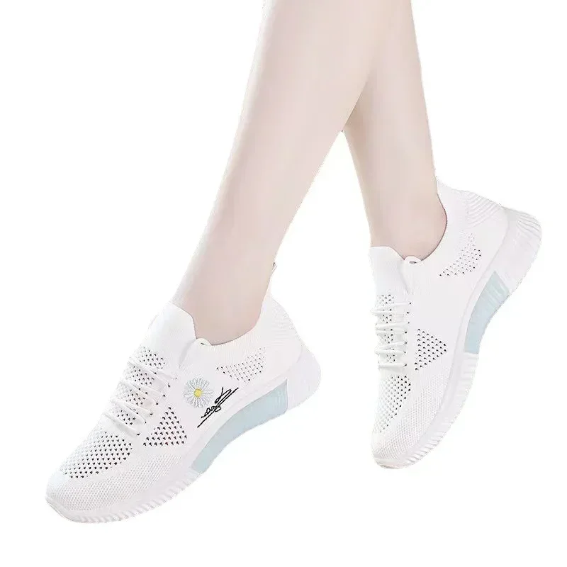 Women's Flying Weaving Little White Coconut Single Shoes for Leisure Sports Running Trendy Shoes Lace Up Mesh Sneakers