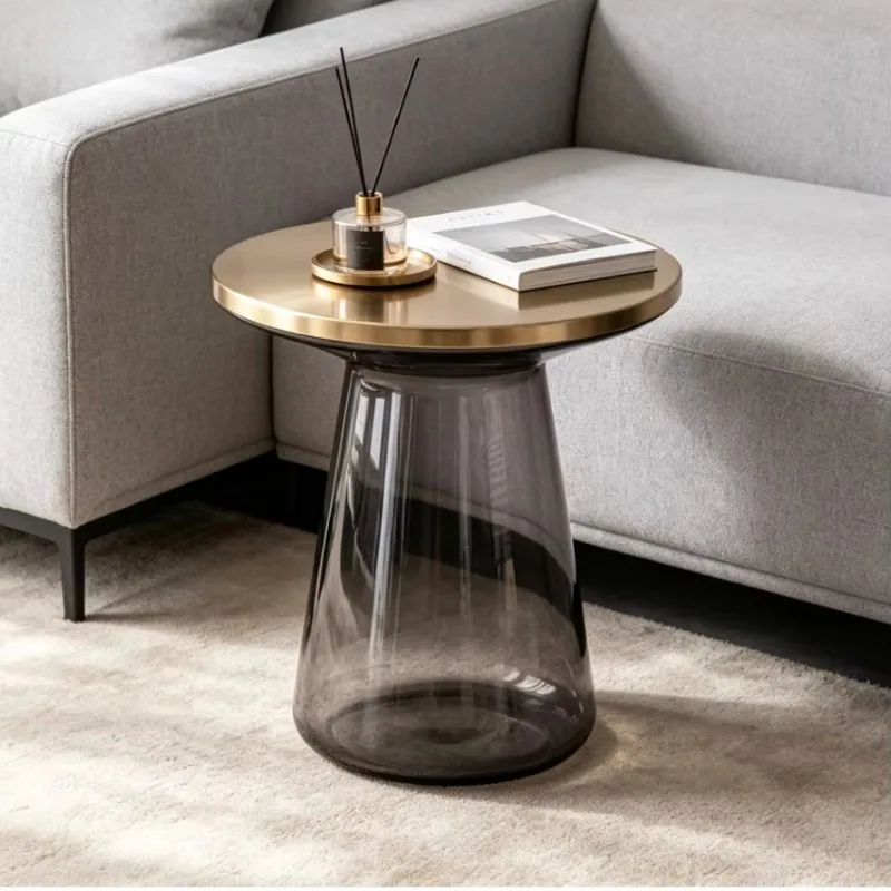 Modern Gold Metal Glass Pedestal End Table, Smoke Blue Round Glass Tabletop Minimalist Accent Coffee Side Table
