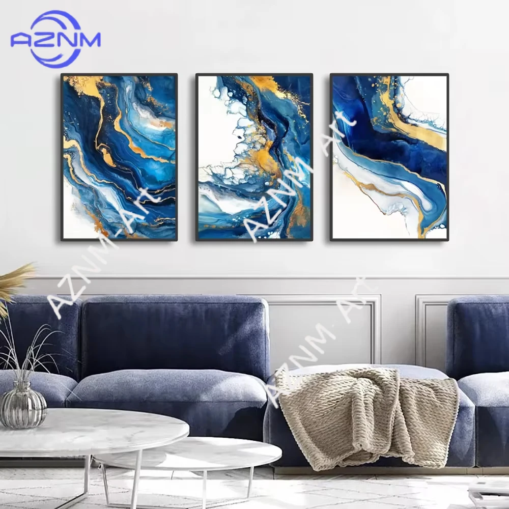 1/3 Stück, rahmenloses Leinwandgemälde, abstrakte dunkelblaue und goldene Poster, luxuriöse Wandkunstdrucke für Wohnzimmer, Heimdekoration