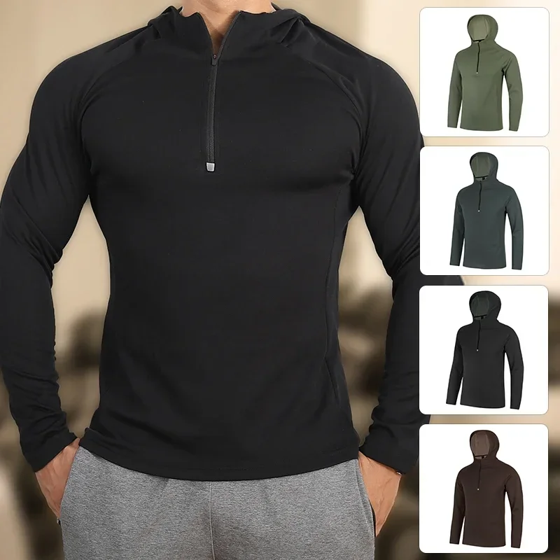 Men Outdoor Running Hoodies Fitness Sport Hooded Shirts Golf Half Zip Tops Workout Outer Clothing Male Cottony Sweatshirt