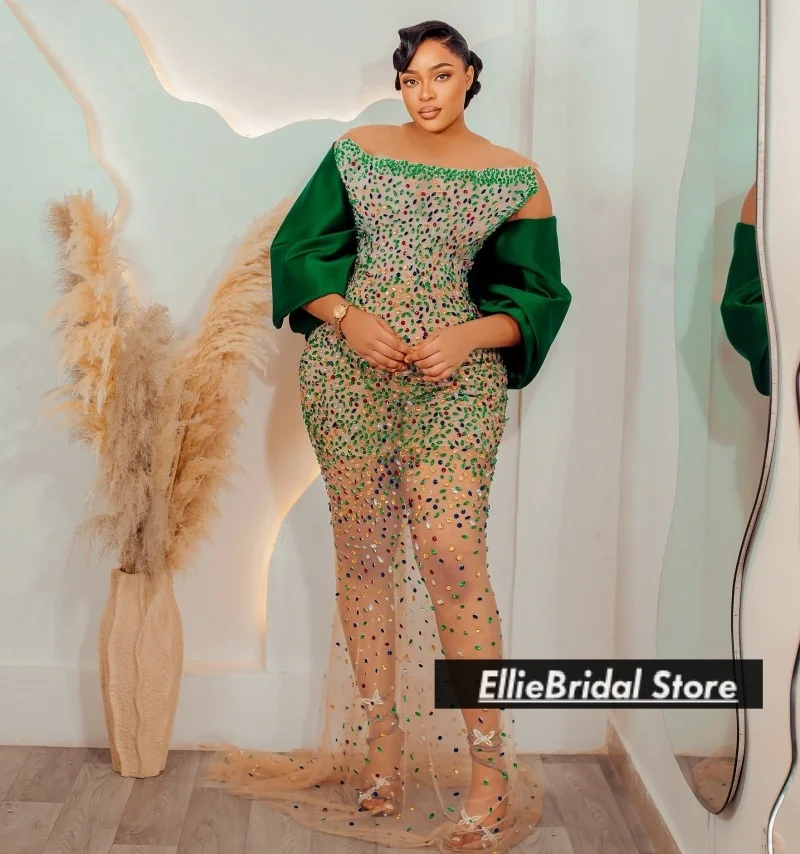 Green Rhinestones Transparent Evening Dresses With Puffy Cape Long Mermaid Wedding Party Dress Prom Gowns For Women Customized