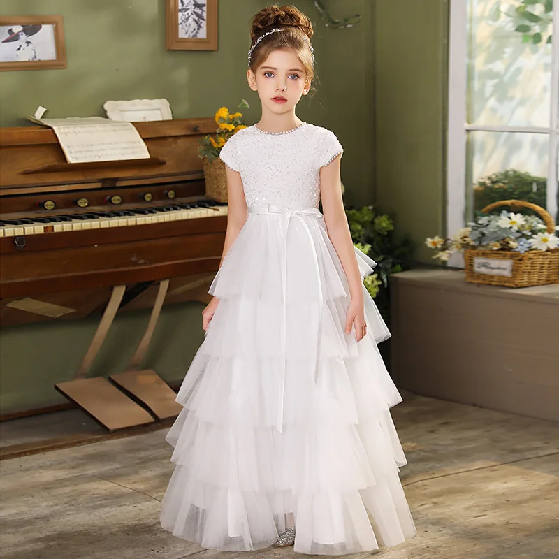 

Baby Kids Princess Sequined Tulle Bow Flower Girl Dress Children First Communion Dress Ball Gown Wedding Party Dress Birthday