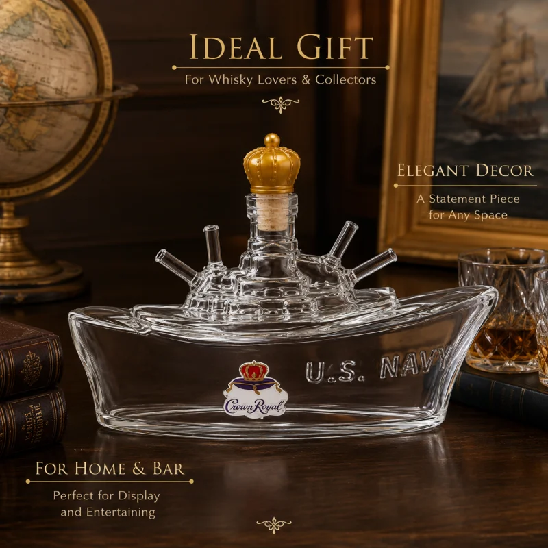 US Navy Battleship Crystal Whiskey Decanter Crown Royal Themed Liquor Bottle Golden Crown Stopper Lead Free Glass Spirits Carafe