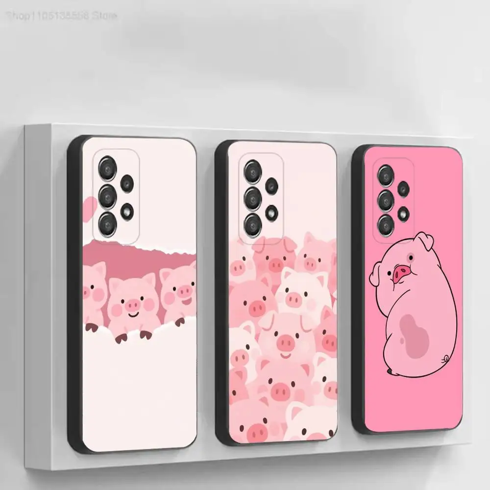 Cartoon Cute Pink Pig Fashion Black Soft Protective Case For Samsung S10,20,21,22,23,24,25,30 Ultra Plus FE Lite