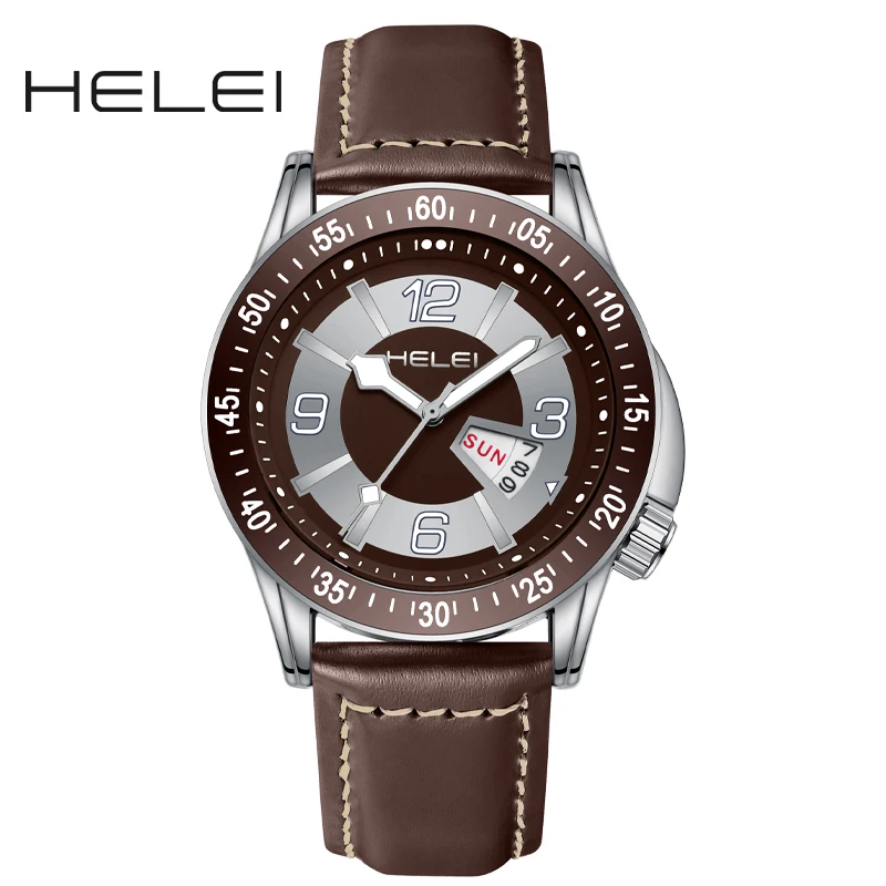 HELEI-Montre à quartz lumineuse avec bracelet en cuir véritable pour homme, montre-bracelet de sport décontractée, date, nouvelle mode