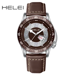 HELEI Fashion new sports casual quartz watch date genuine leather luminous strap men's wristwatch